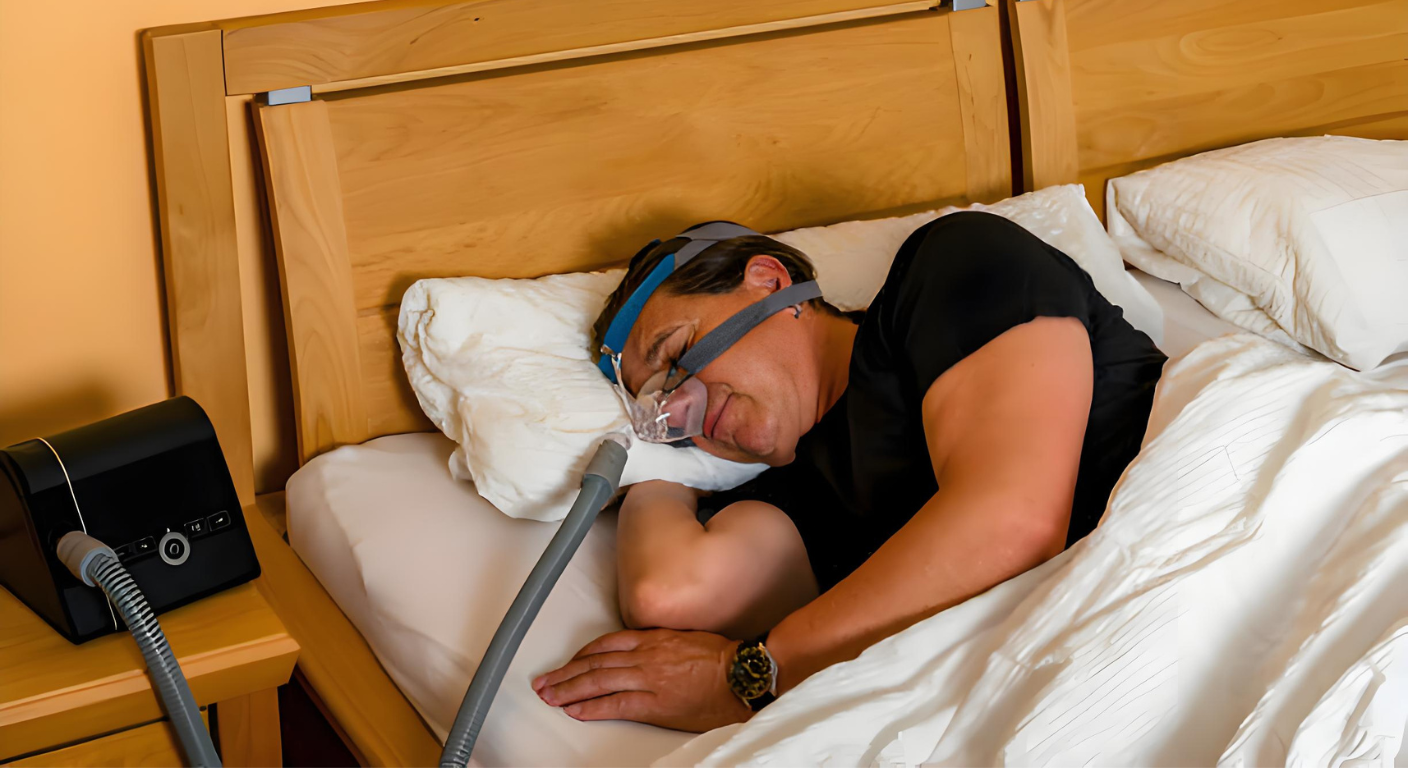 User using CPAP in bed