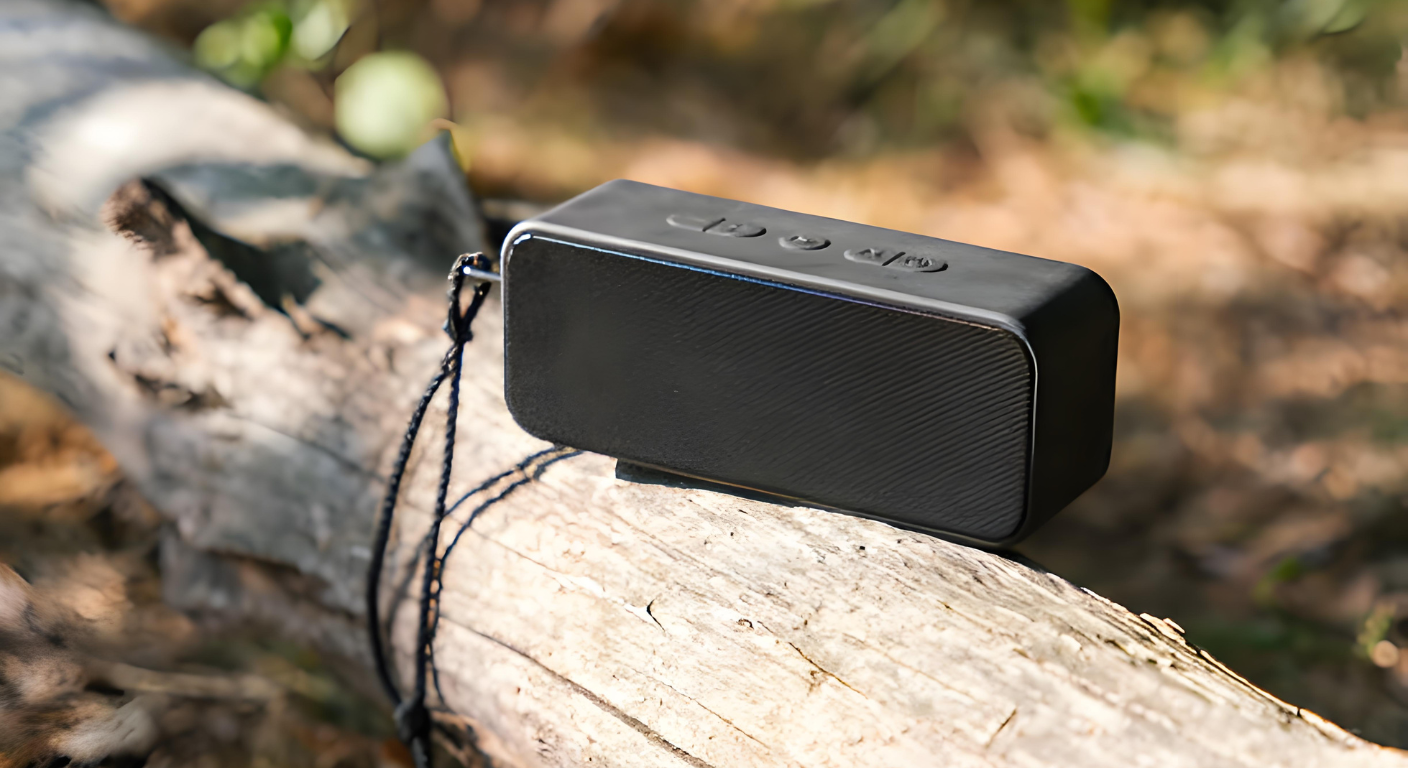 Bluetooth speaker on tree trunk